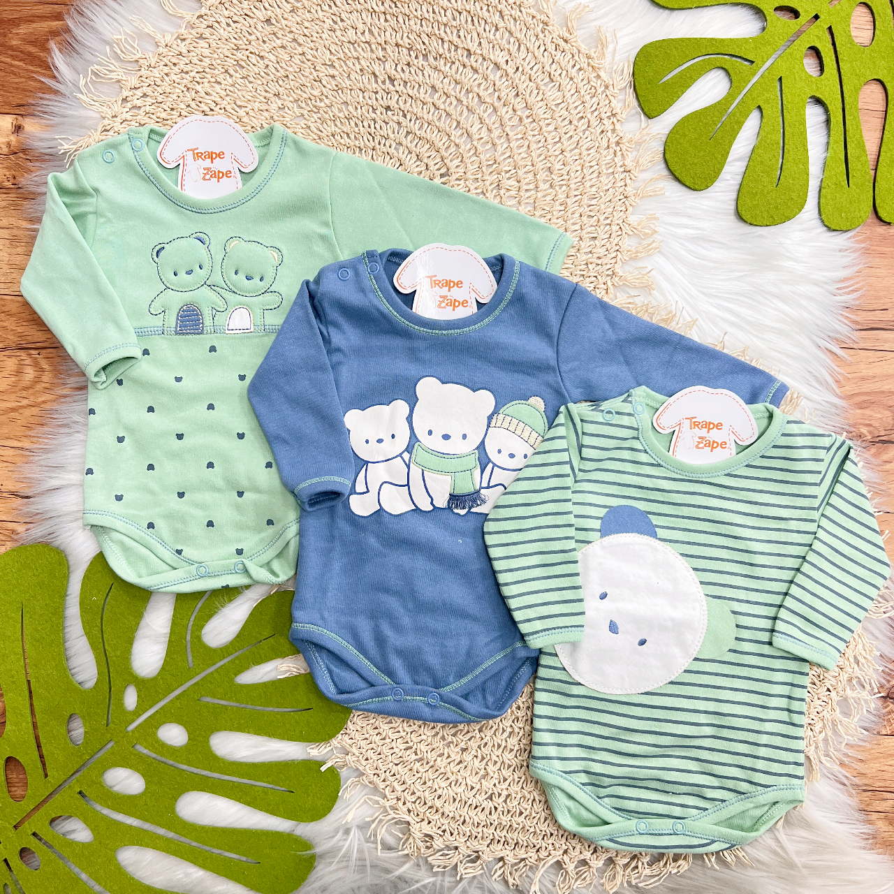    Kit 3 Peças - Bodys Manga Longa Teddy - Verde e Azul Jeans